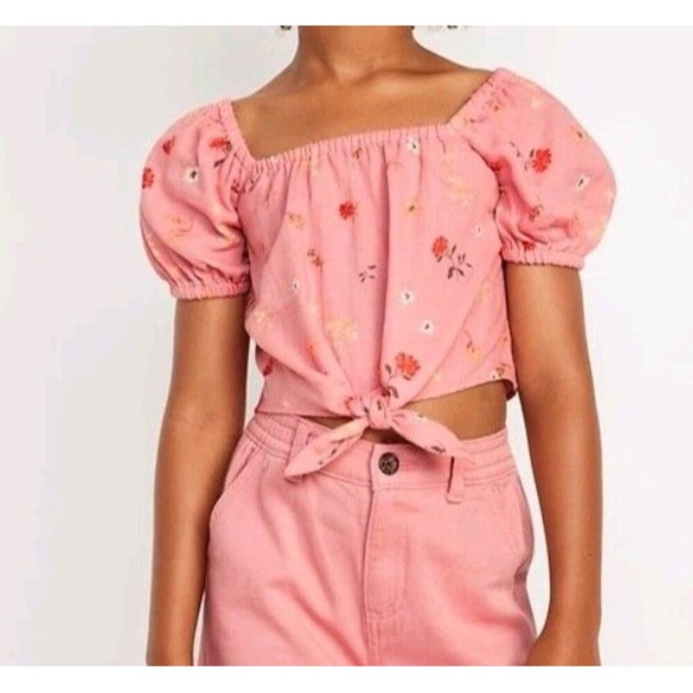 NWT Girls Old Navy Puff Sleeve Double Weave Tie Knot Top Size L (10-12) K5
